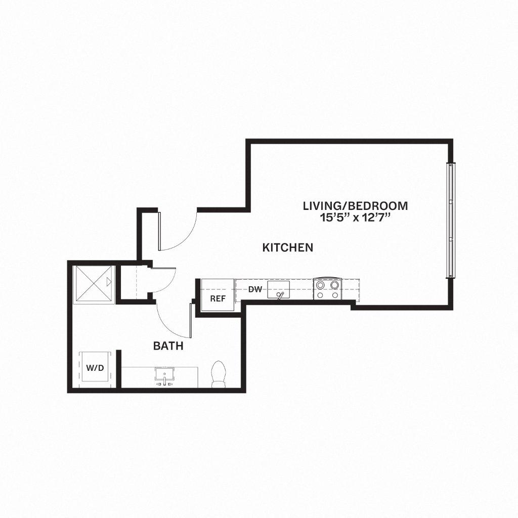 Floor plan for studio, 1 bath, 414 sqft